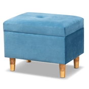 Baxton Studio Elias Modern and Contemporary Sky Blue Velvet Fabric Upholstered and Oak Brown Finished Wood Storage Ottoman